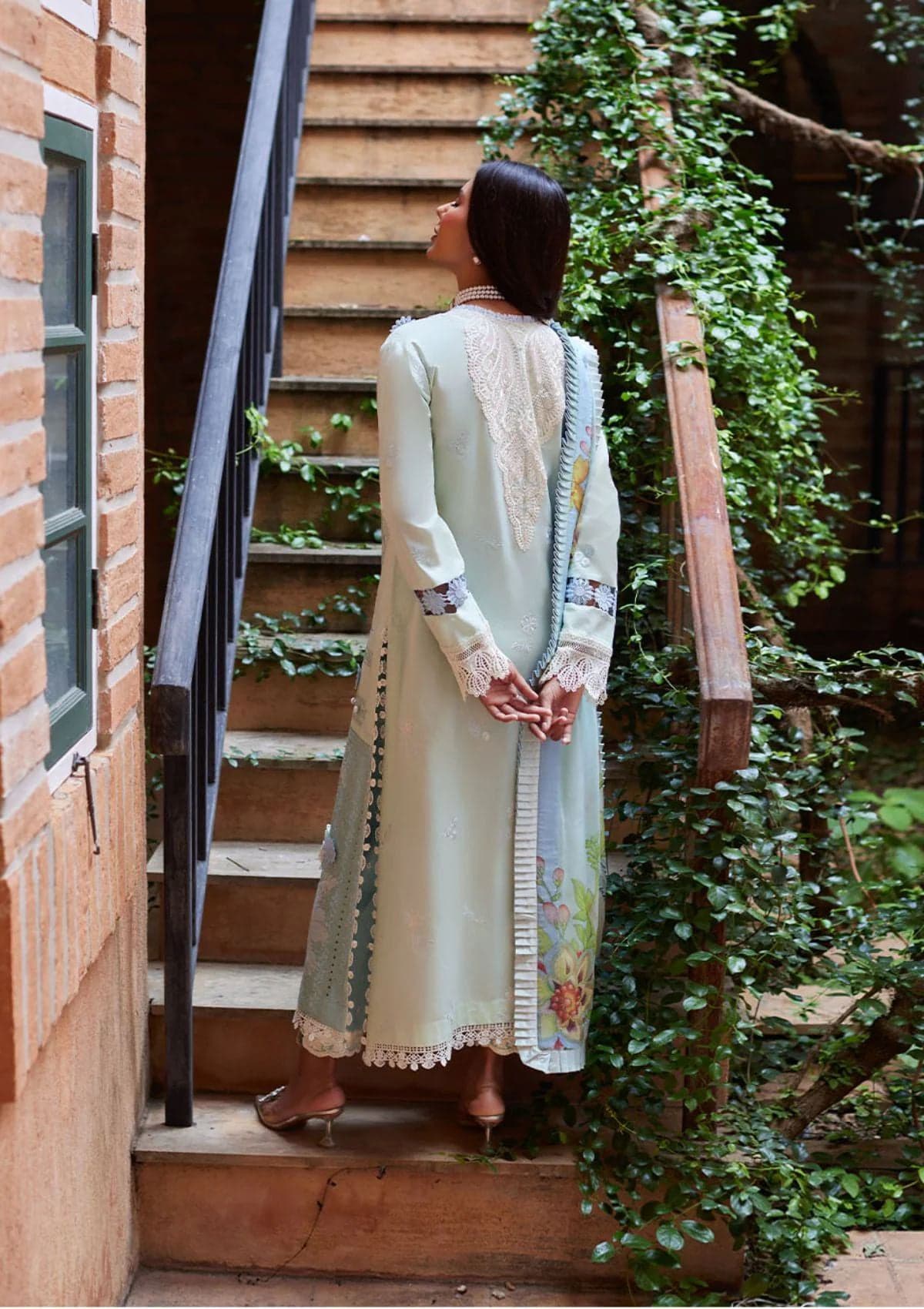Mushq 3Pc Embroidered Lawn Suit With Self Printed Voil Dupatta
