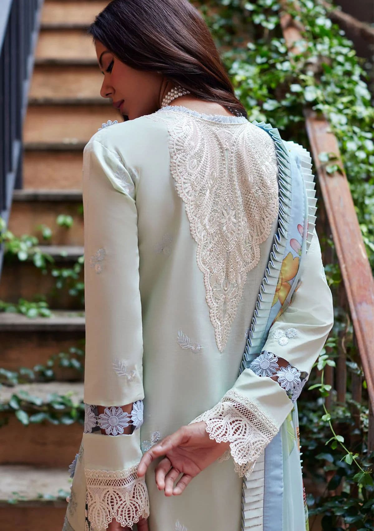 Mushq 3Pc Embroidered Lawn Suit With Self Printed Voil Dupatta