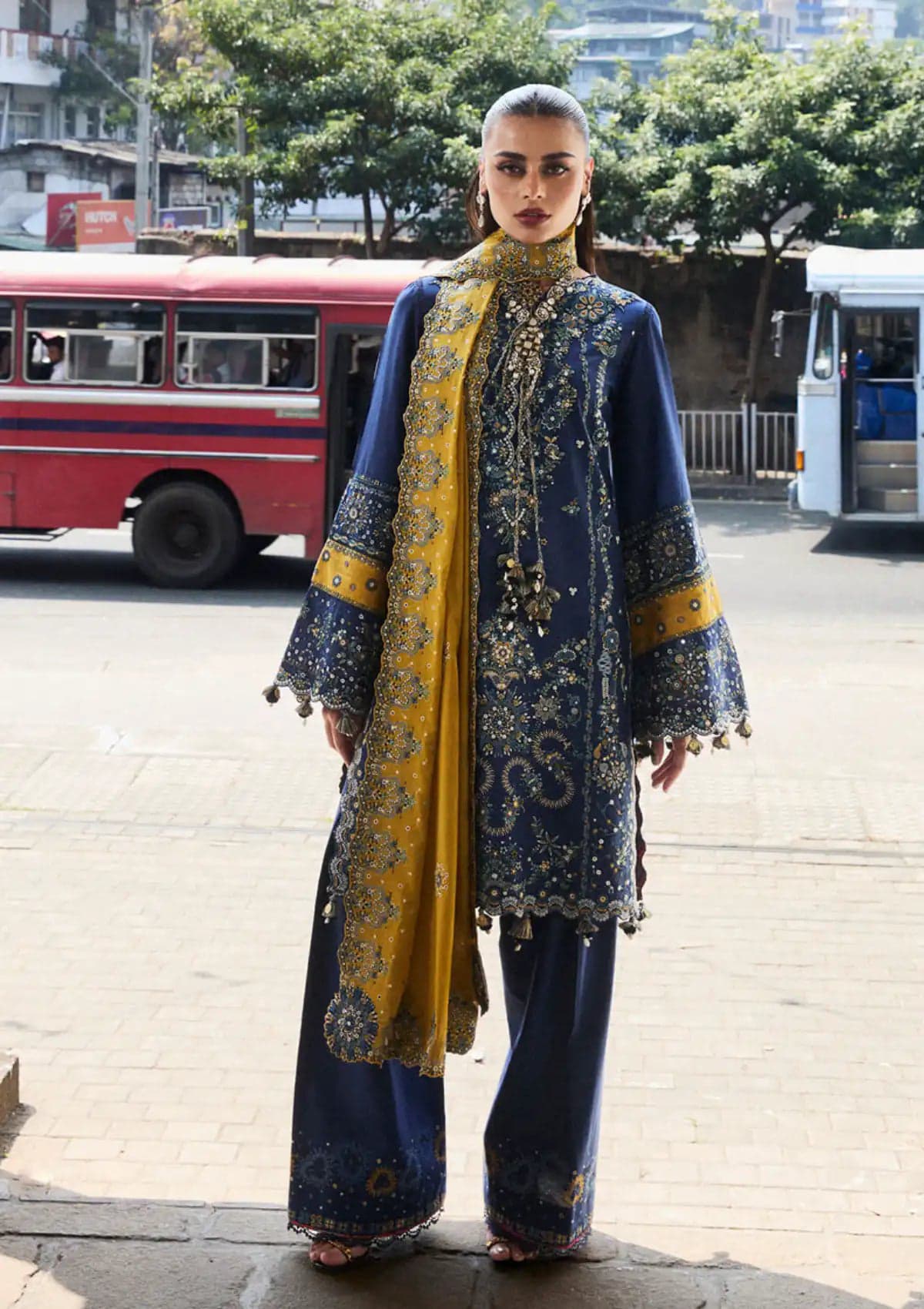 Hussain Rehar 3Pc Embroidered Lawn Suit With Embroidered Monark Dupatta