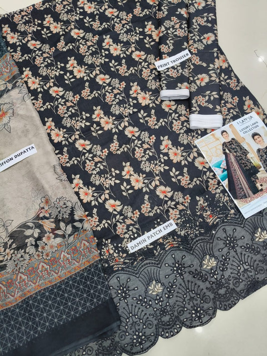 3Pc Embroidered Lawn Suit With Digital Printed Chiffon Dupatta