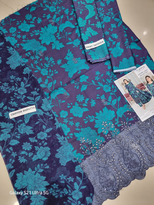 3Pc Embroidered Lawn Suit With Digital Printed Chiffon Dupatta