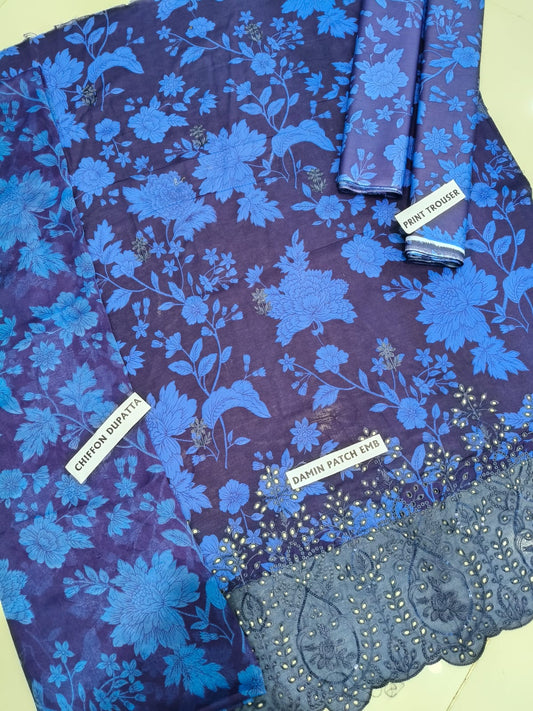 3Pc Embroidered Lawn Suit With Digital Printed Chiffon Dupatta