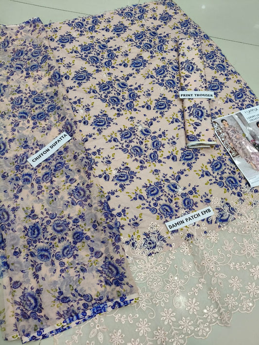 3Pc Embroidered Lawn Suit With Digital Printed Chiffon Dupatta