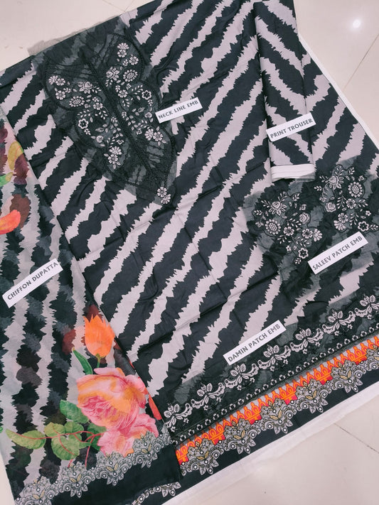 3Pc Embroidered Lawn Suit With Digital Printed Chiffon Dupatta