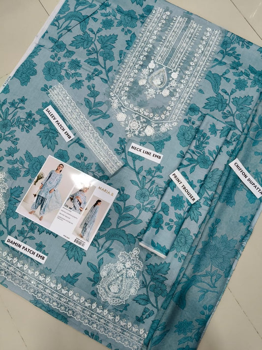 3Pc Embroidered Lawn Suit With Digital Printed Chiffon Dupatta