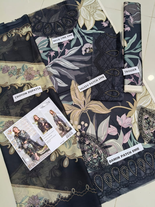 3Pc Embroidered Lawn Suit With Digital Printed Chiffon Dupatta