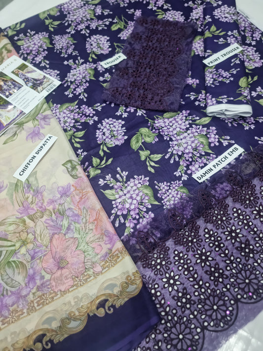 3Pc Embroidered Lawn Suit With Digital Printed Chiffon Dupatta