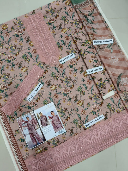 3Pc Embroidered Lawn Suit With Digital Printed Chiffon Dupatta