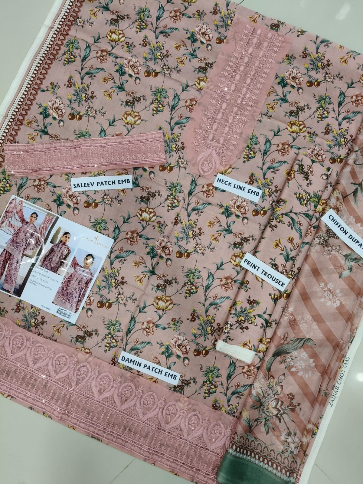 3Pc Embroidered Lawn Suit With Digital Printed Chiffon Dupatta