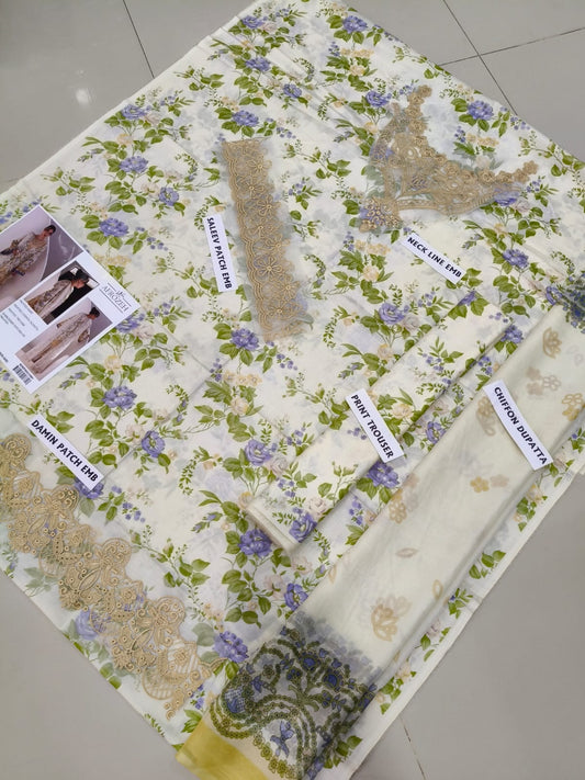 3Pc Embroidered Lawn Suit With Digital Printed Chiffon Dupatta