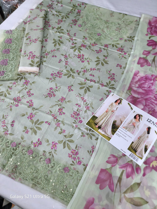 3Pc Embroidered Lawn Suit With Digital Printed Chiffon Dupatta