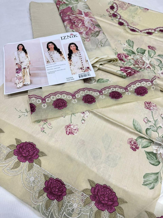 3Pc Embroidered Lawn Suit With Digital Printed Chiffon Dupatta