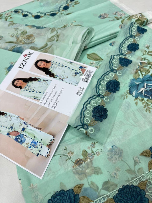 3Pc Embroidered Lawn Suit With Digital Printed Chiffon Dupatta