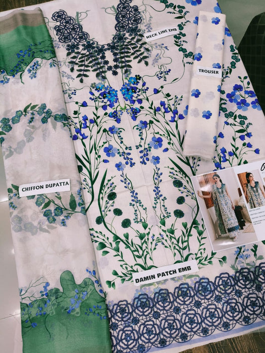 3Pc Embroidered Lawn Suit With Digital Printed Chiffon Dupatta