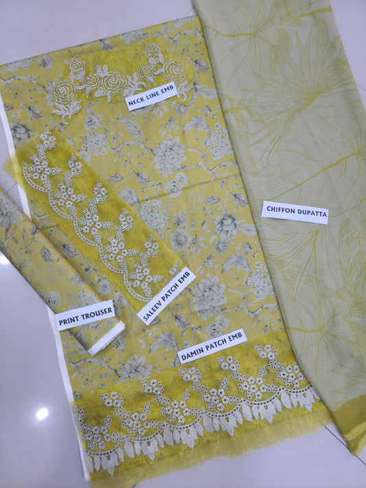 3Pc Embroidered Lawn Suit With Digital Printed Chiffon Dupatta