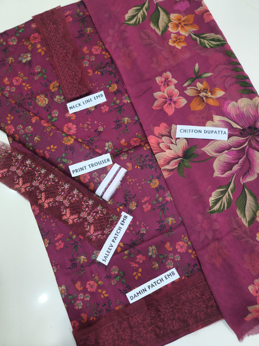3Pc Embroidered Lawn Suit With Digital Printed Chiffon Dupatta