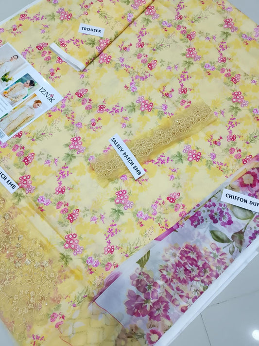 3Pc Embroidered Lawn Suit With Digital Printed Chiffon Dupatta