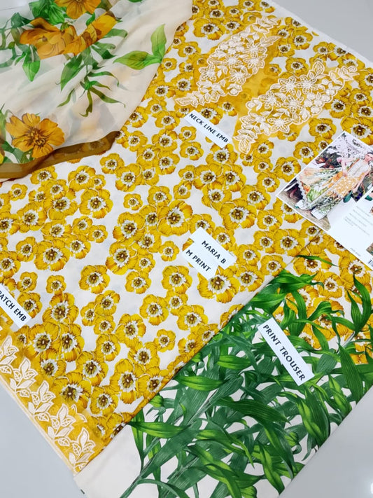 3Pc Embroidered Lawn Suit With Digital Printed Chiffon Dupatta