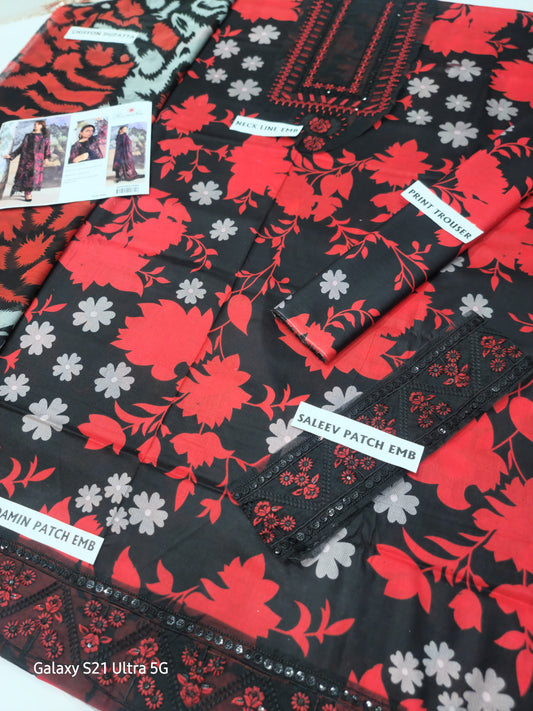 3Pc Embroidered Lawn Suit With Digital Printed Chiffon Dupatta