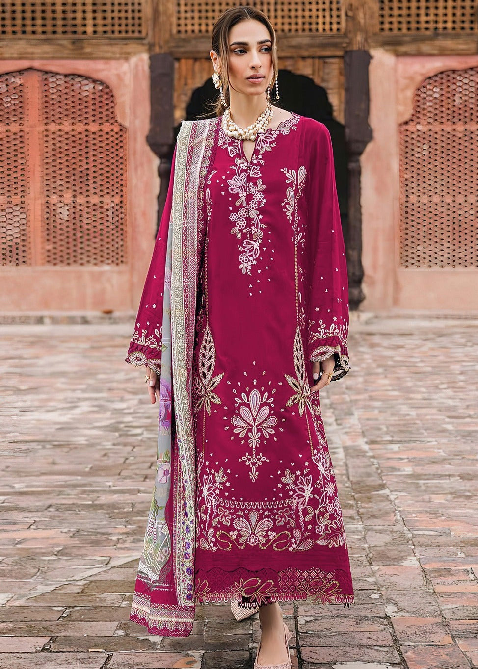 Nureh Heavy Chikankari Embroidered Airjet Lawn Suit with Bamber Chiffon Dupatta