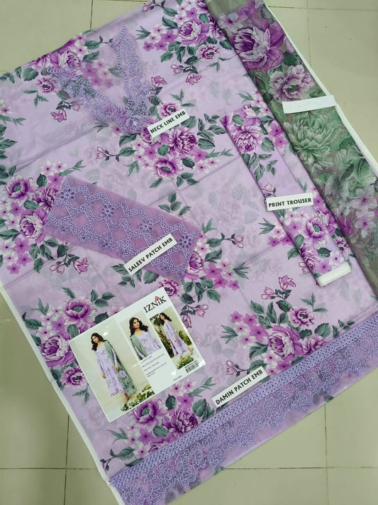 3Pc Embroidered Lawn Suit With Digital Printed Chiffon Dupatta