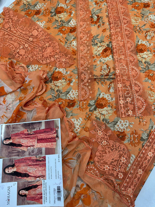 Lawn Collection with Ready to Wear Chiffon Dupatta - Printed Suit with Embroidery Patches