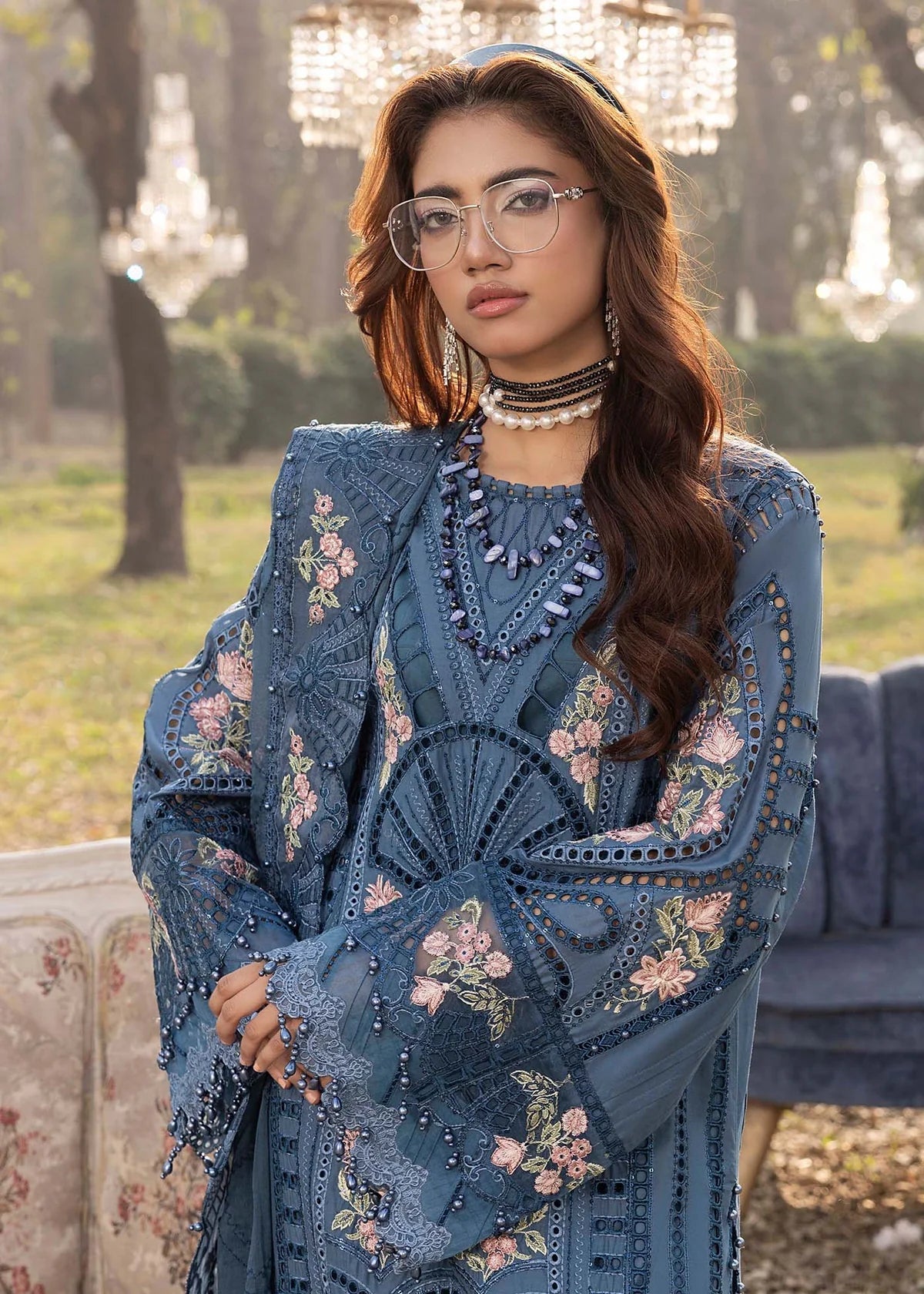 Adan's Libas Luxury Lawn Collection - Heavy Embroidery Suit with Stripe Net Dupatta