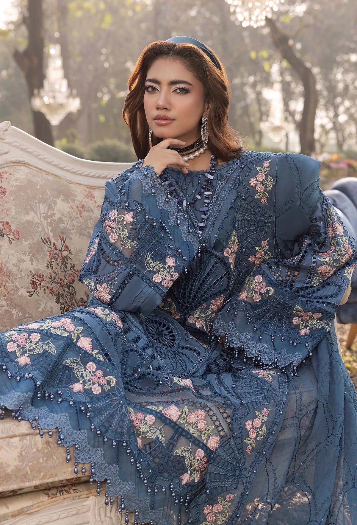 Adan's Libas Luxury Lawn Collection - Heavy Embroidery Suit with Stripe Net Dupatta
