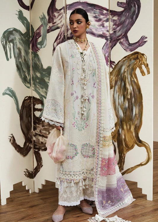 Elan Luxury Lawn Collection Design  - Heavy Embroidery Suit with Stripe Net Dupatta