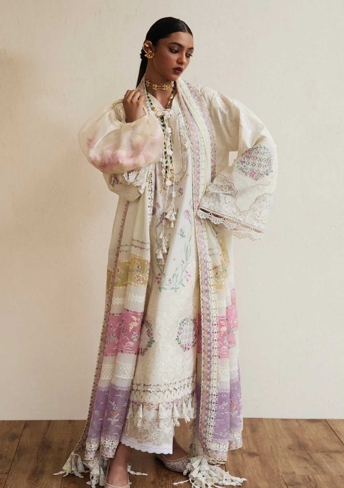 Elan Luxury Lawn Collection Design  - Heavy Embroidery Suit with Stripe Net Dupatta