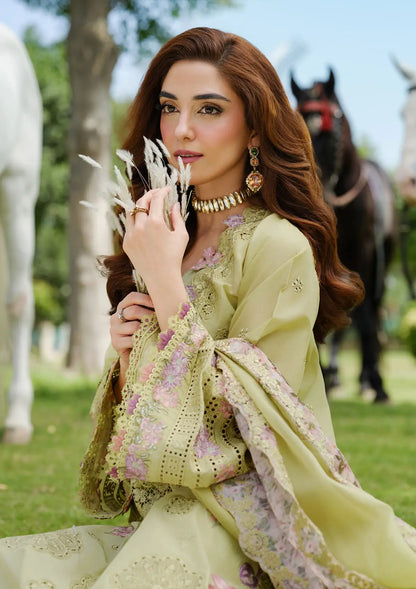Elaf Luxury Lawn Collection Design- Heavy Embroidery Suit with Stripe Net Dupatta