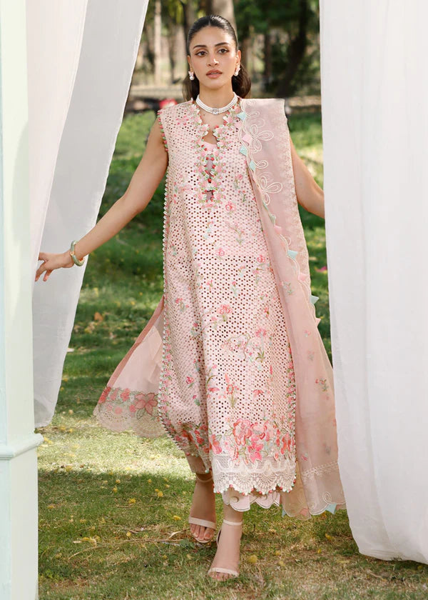 Elan Luxury Lawn Collection Design - Heavy Embroidery Suit with Stripe Net Dupatta