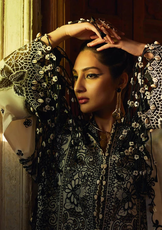 Luxury Lawn Collection - Heavy Embroidery Suit with Stripe Net Dupatta