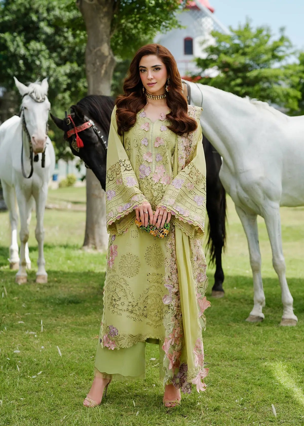 Elaf Luxury Lawn Collection Design- Heavy Embroidery Suit with Stripe Net Dupatta