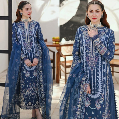 Mushq 3Pc Embroidered Lawn Suit With Embroidered Organza Dupatta