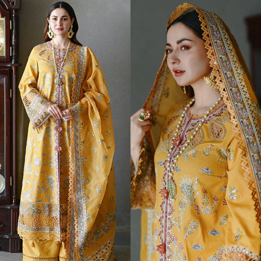 Mushq 3Pc Embroidered Lawn Suit With Embroidered Organza Dupatta