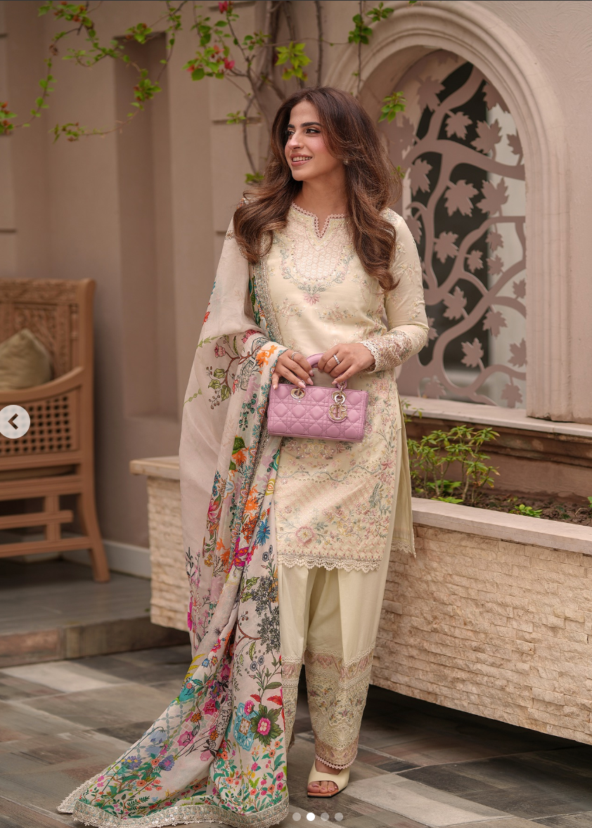 Faiza Saqlain Luxury Lawn Collection Design  - Heavy Embroidery Suit with Cheque Voile Dupatta