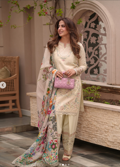 Faiza Saqlain Luxury Lawn Collection Design  - Heavy Embroidery Suit with Cheque Voile Dupatta