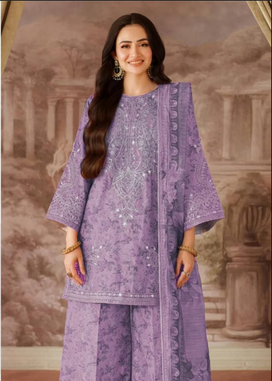 Lawn Collection with Ready to Wear Chiffon Dupatta - Printed Suit with Embroidery Patches