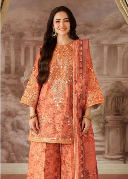 Lawn Collection with Ready to Wear Chiffon Dupatta - Printed Suit with Embroidery Patches