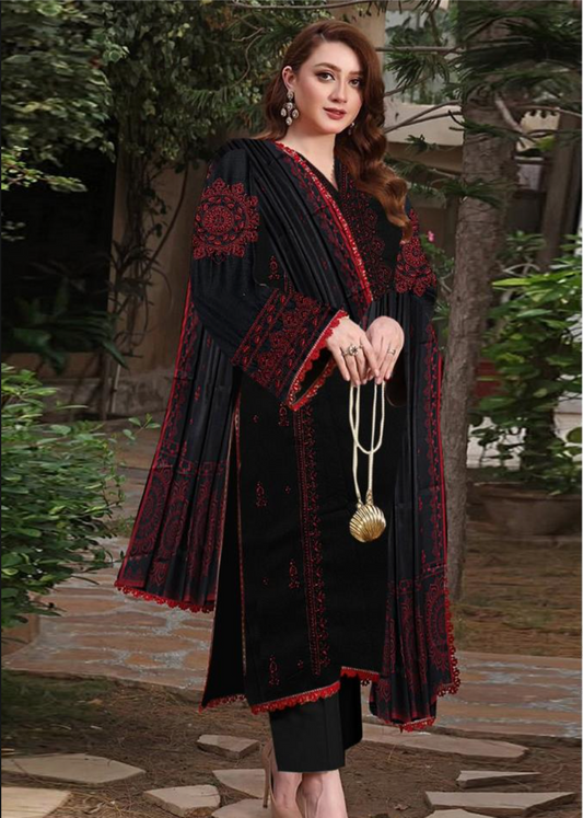 Luxury Airjet Lawn Heavy Embroidered Suit with Digital Printed Chiffon Dupatta