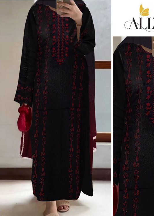 Luxury Airjet Lawn Heavy Embroidered Suit with Digital Printed Chiffon Dupatta