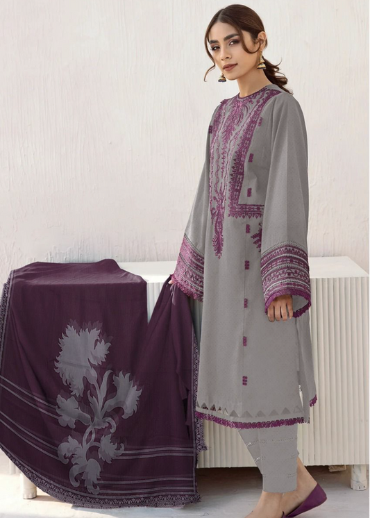 Luxury Airjet Lawn Heavy Embroidered Suit with Digital Printed Chiffon Dupatta