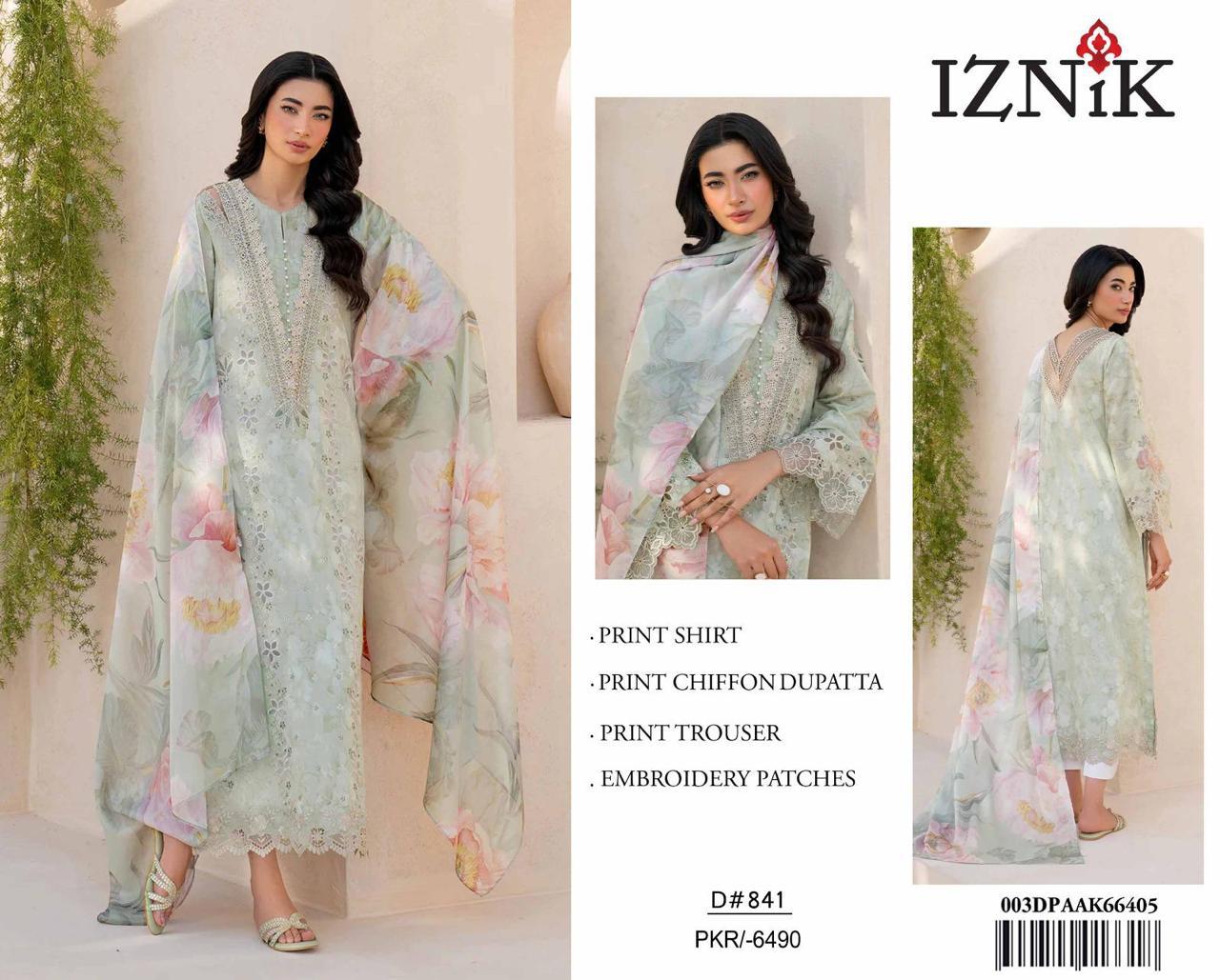 Iznik 3Pc Embroidered Lawn Suit With Digital Printed Chiffon Dupatta