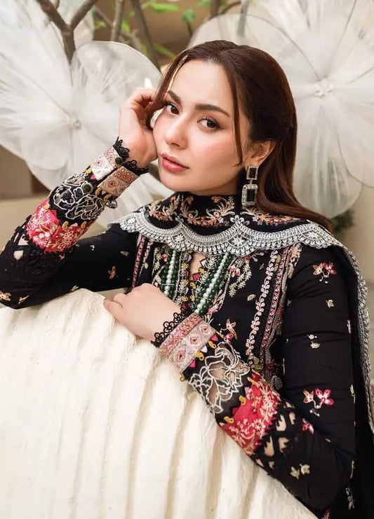 Qalamkar 3Pc Embroidered Lawn Suit With Embroidered Cotton Net Dupatta