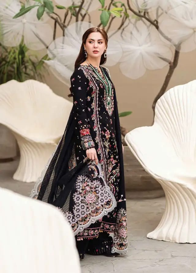 Qalamkar 3Pc Embroidered Lawn Suit With Embroidered Cotton Net Dupatta