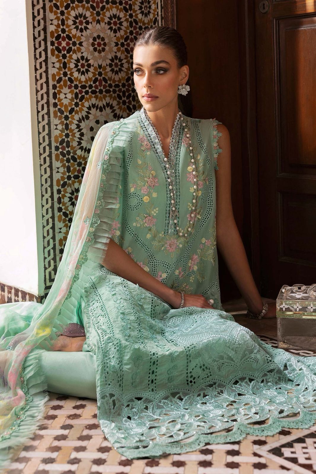 Maria B. 3Pc Embroidered Lawn Suit With Digital Printed Textured Net Dupatta