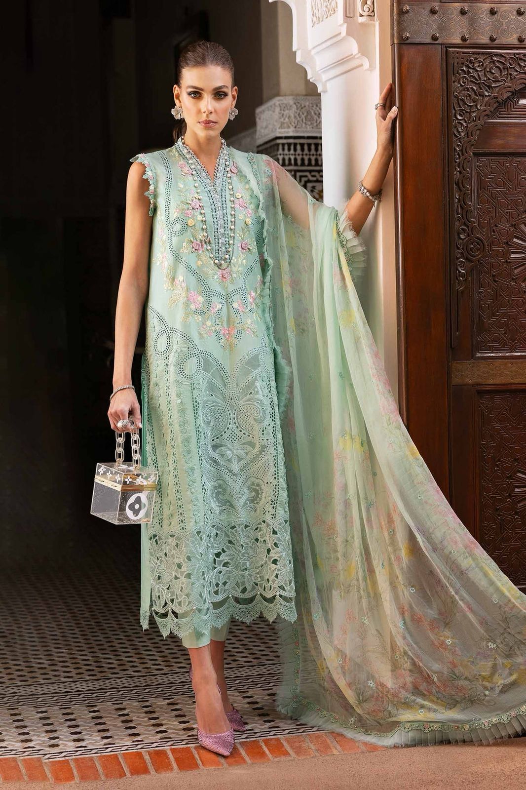 Maria B. 3Pc Embroidered Lawn Suit With Digital Printed Textured Net Dupatta