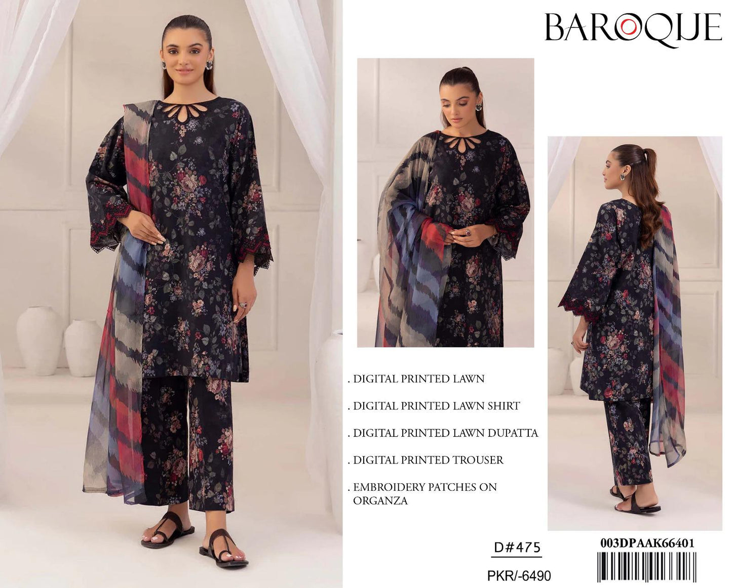 Baroque 3Pc Printed Lawn Suit With Printed Chiffon Dupatta