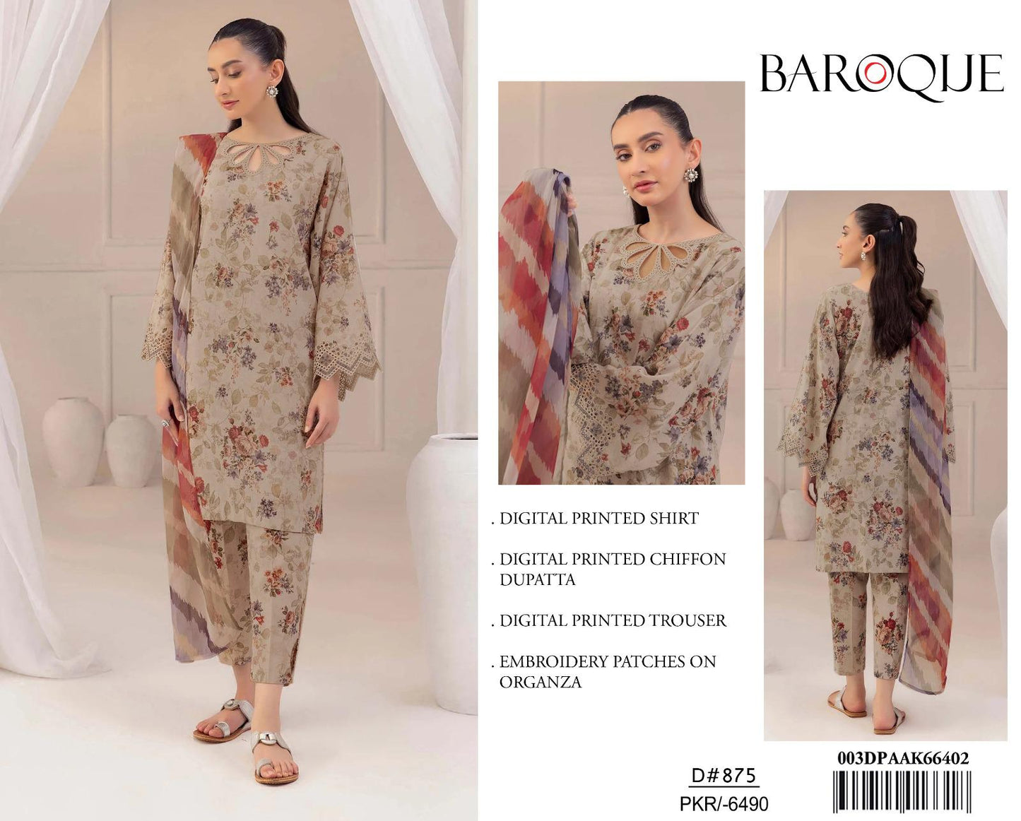 Baroque 3Pc Printed Lawn Suit Printed Chiffon Dupatta